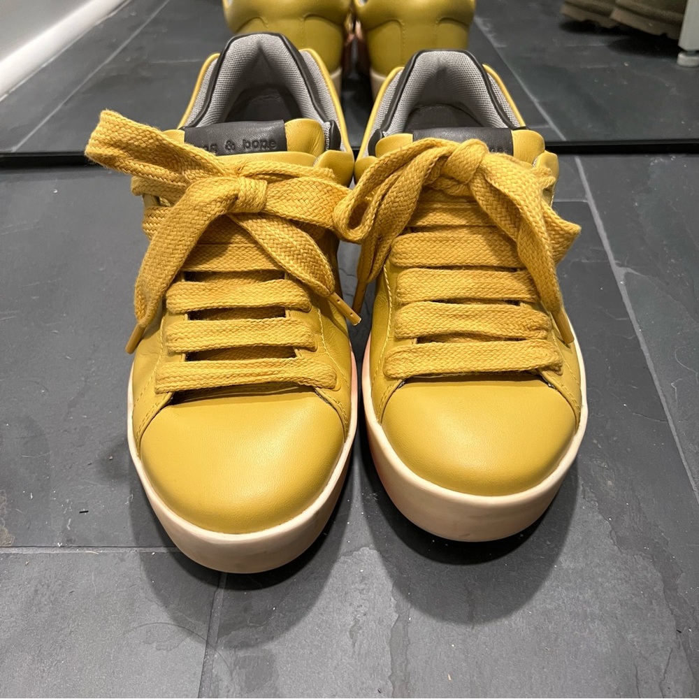 New rag & bone Low Double Tongue Yellow Leather Sneakers Different Sized pair